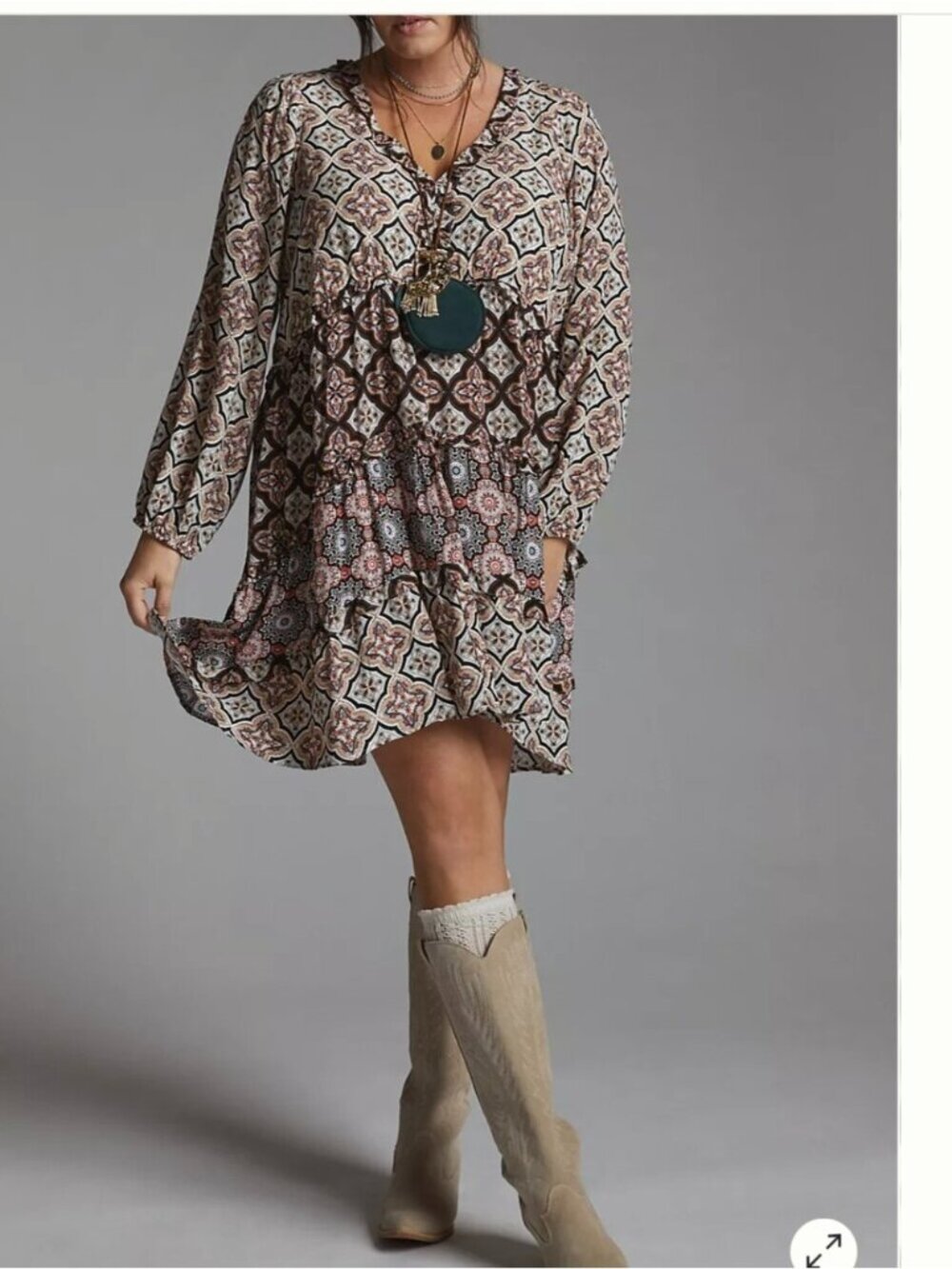 Anthropologie Tiered V-Neck Mini Dress Like new Loose boho Comfy Dress Size  L